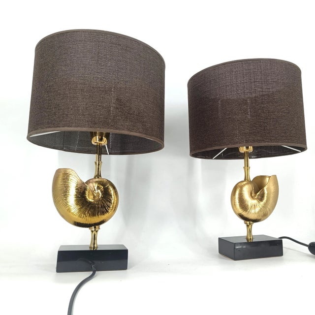 Vintage Brass Nautilus Shell Table Lamps, 1970s, Set of 2 For Sale - Image 6 of 11