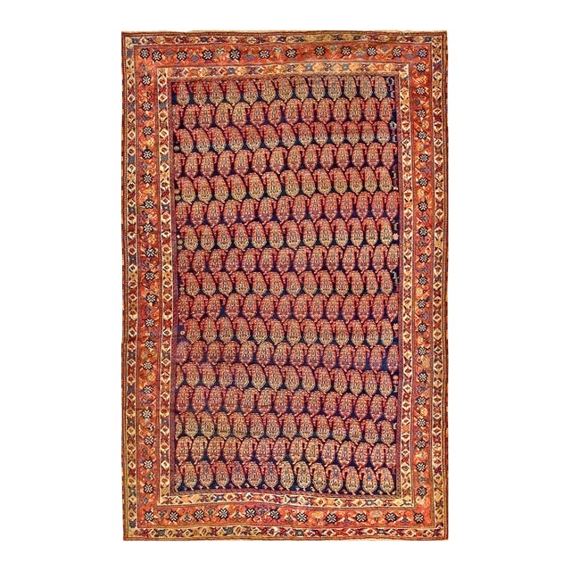 1890s Blue Navy Geometric Tribal Hand Knotted Antique Persian Afshar Rug 5'2" X 8'0" Wool Carpet For Sale