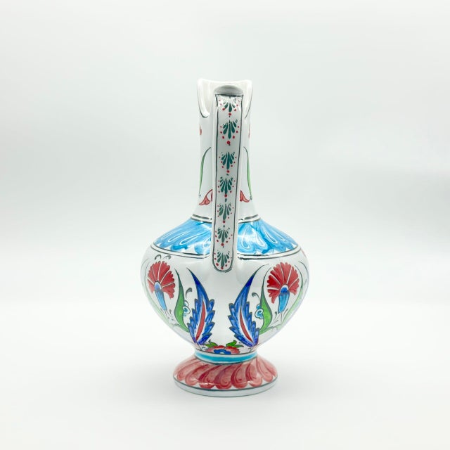 Ceramic Handmade Ceramic “Aslanagzi” Ewer (20cm) Traditional Lion’s Mouth Spout – Red Tulip & Turquoise Pedestal Pitcher For Sale - Image 7 of 8