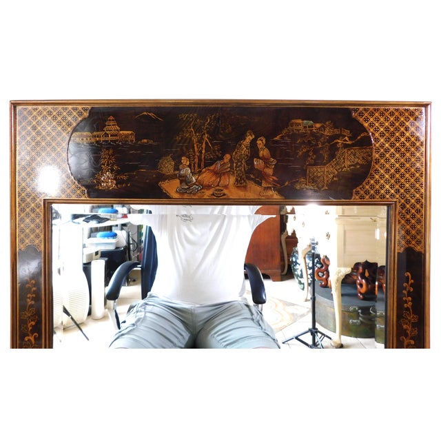 Chinoiserie Vintage Mid-Century Chinoiserie 24k Gold Black Lacquered Wood Beveled Hanging Wall Mirror For Sale - Image 3 of 7