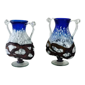 Antique Bohemian Mouth-Blown Handled Vases in Blue and White Confetti Lava Glass With Bronze Casing, a Pair