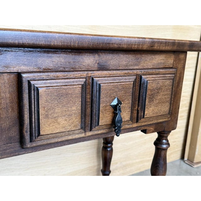 Brown Spanish Console Table with Carved Drawers and Iron Handles, 1890s For Sale - Image 8 of 9