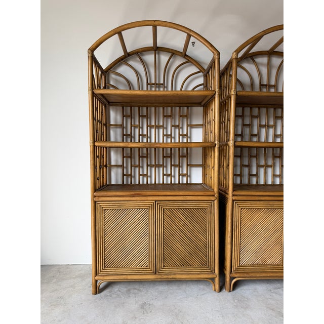Traditional 1970's Vintage Palm Beach Regency Arched Rattan Étagères With Cabinets – A Pair For Sale - Image 3 of 16