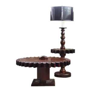 1970s Mid Century Modern Ethan Allen Cog Wheel Spinning Gear Sprocket Table and Floor Side Table Lamp Set - 2 Pieces