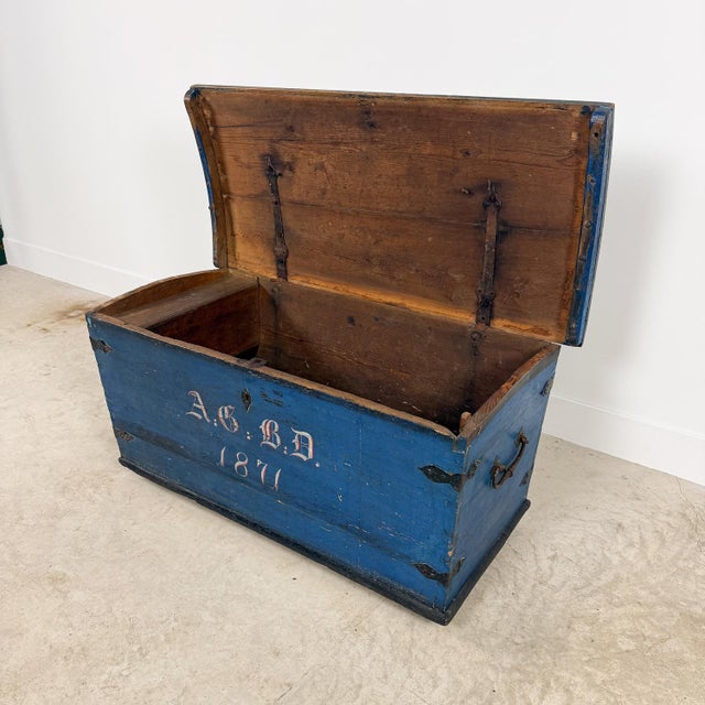 Antique Blue Painted Wooden Chest Dated 1871 For Sale - Image 9 of 16
