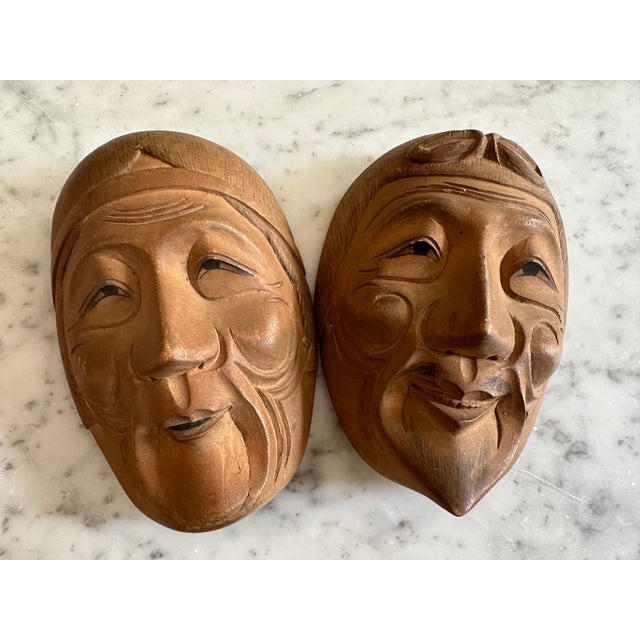 Vintage Japanese Kyogen Masks in Hand-Carved Wood, 1950s, Set of 2 For Sale - Image 3 of 15