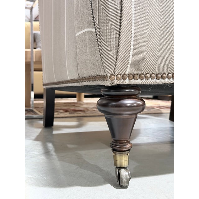 Late 20th Century Pair of Bassett Neutral Pinstripe Linen Nailhead Accent Chairs With Casters For Sale - Image 10 of 11