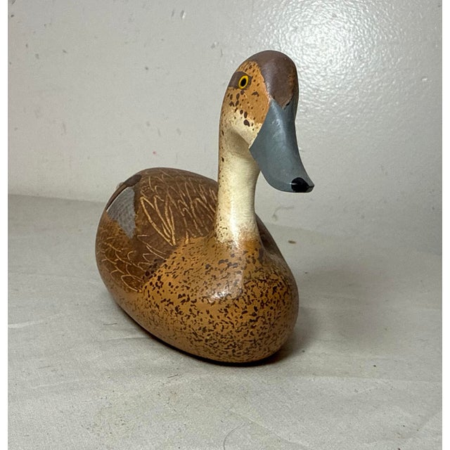 1980s Vintage 1983 Hand Carved Wood Clarence Bauer Miniature Duck Decoy Sculpture For Sale - Image 5 of 8