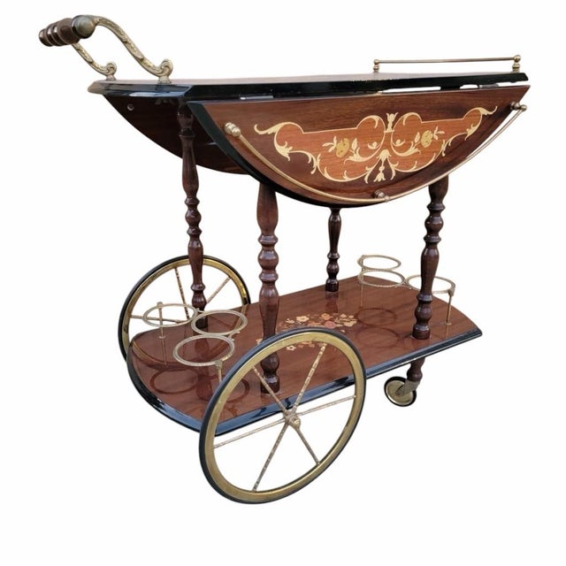 Vintage Italian Marquetry Two Tier Drop-Leaf Dessert/Bar Cart Trolley For Sale - Image 4 of 12