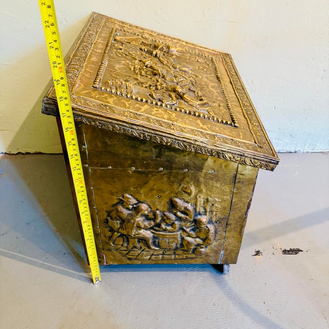19th-Century Style English Repoussé Brass Fireside Coal & Kindling Box on Casters For Sale - Image 12 of 12