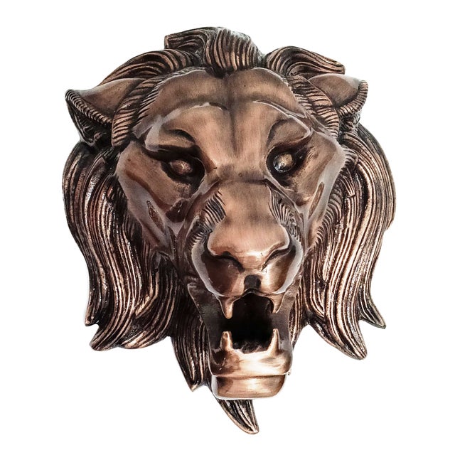 Antique Copper Finish Metal Lion Head Wall Sculptures For Sale - Image 9 of 9