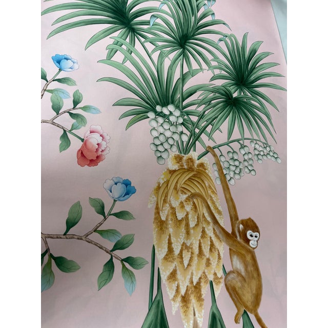 Hand Painted Blush Pink Tropical Chinoiserie Parrot Monkey Floral Mural 2-Panel Set For Sale - Image 4 of 6