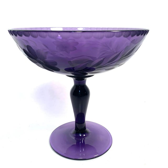 Amethyst Late 19th C. Amethyst Etched Glass Compote Art Nouveau Victorian Traditional For Sale - Image 8 of 10