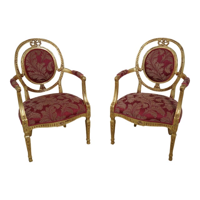 Pair Gold Gilt French Louis XVI Style Open Armchairs For Sale