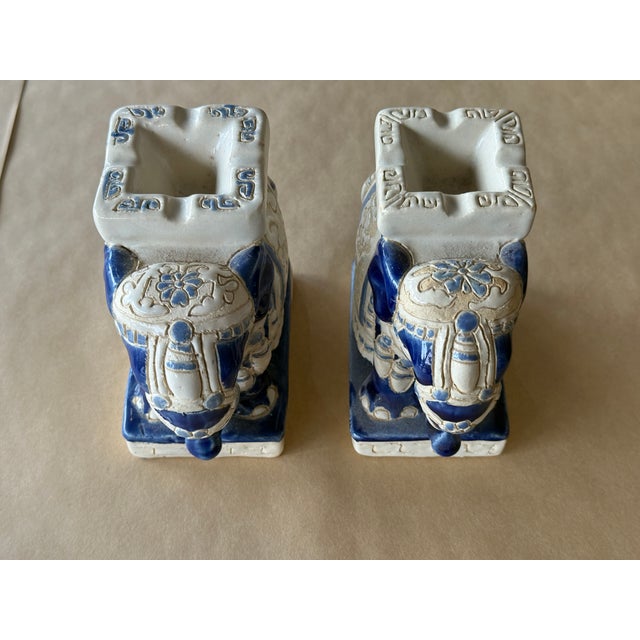 Chinoiserie Vintage Elephant Chinoiserie Ceramic Glazed Candle Holders Pair For Sale - Image 3 of 8