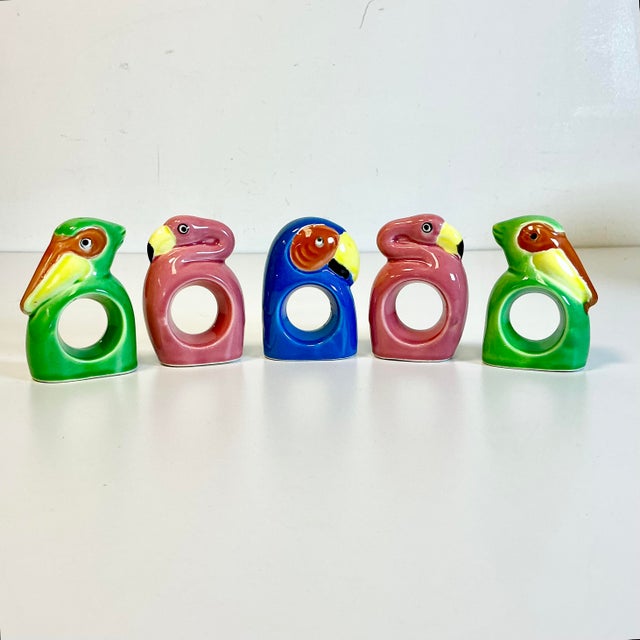 Boho Chic 1980s Vintage Coastal Boho Chic Tropical Birds Ceramic Napkin Rings - Set of 5. For Sale - Image 3 of 10
