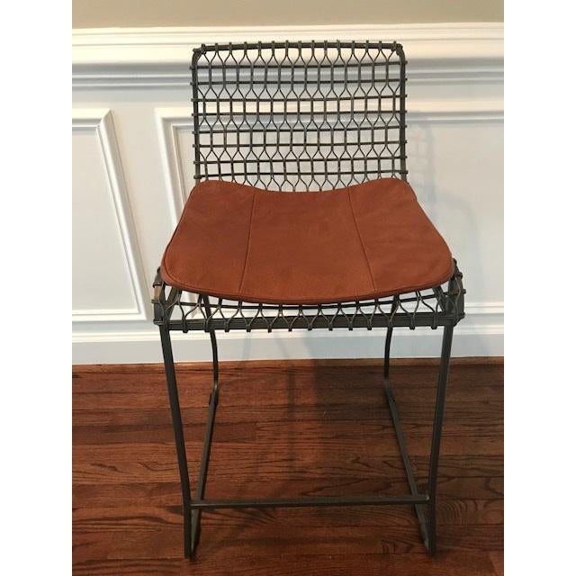 Crate and Barrel Tig Leather Cushion Metal Counter Stools a Pair