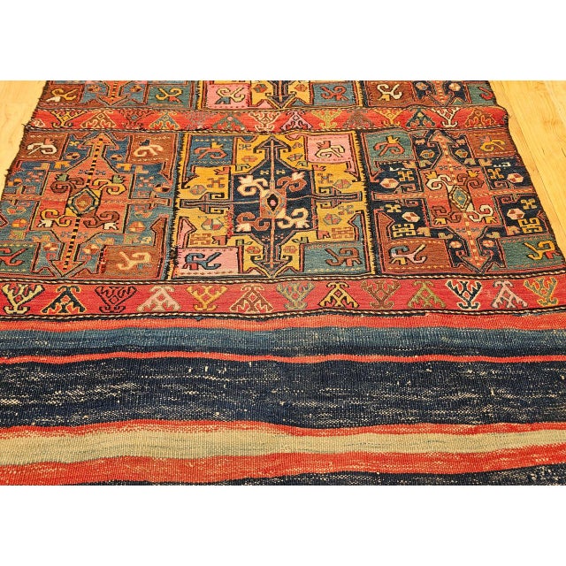 19th Century Caucasian Soumak Rug, Hand-Knotted Wool,Tapestry Tribal Wall Art, 4' x 5' For Sale - Image 13 of 18