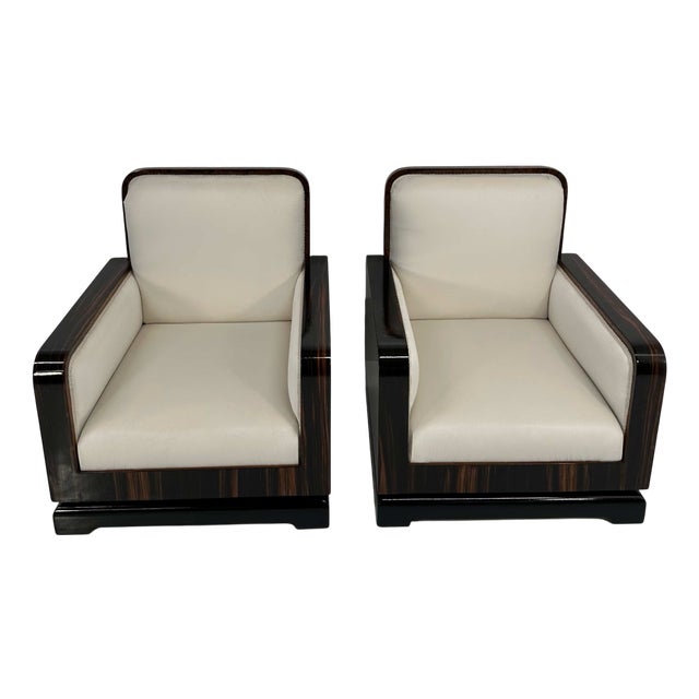 Set of Art Deco Italian Macassar, Walnut Root and Cream Velvet Armchairs, 1930s For Sale