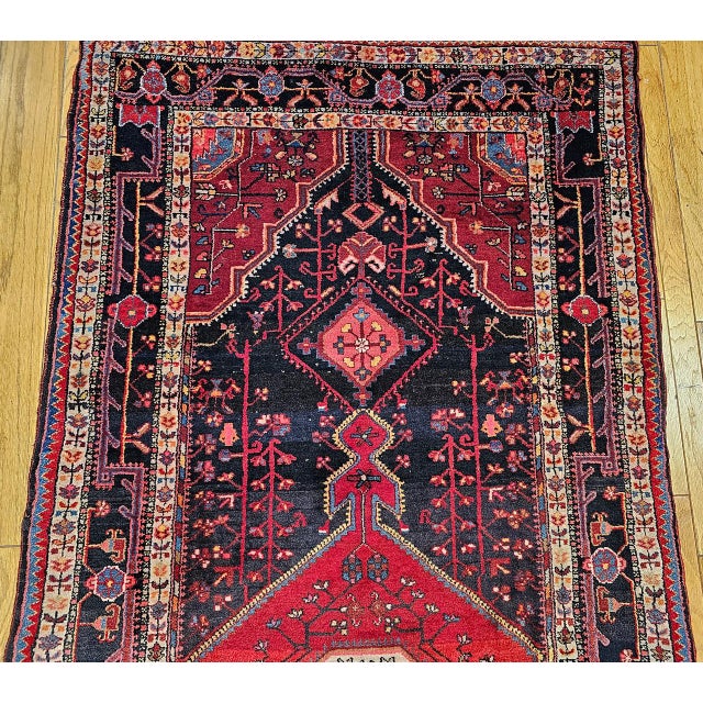 Vintage Persian Hamadan Gallery Rug, Hand-Knotted Wool, Geometric Medallion Pattern, Navy & Red, 6x12 For Sale - Image 11 of 17