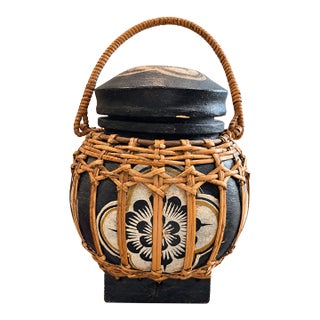 Vintage Woven Bamboo Decorative Basket With Black-Finished Interior For Sale
