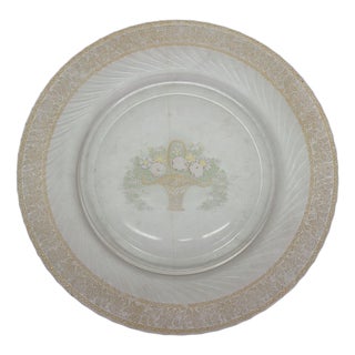 Mid 20th Century Clear Glass Gold Painted Basket of Flowers Dessert Plate 11" For Sale