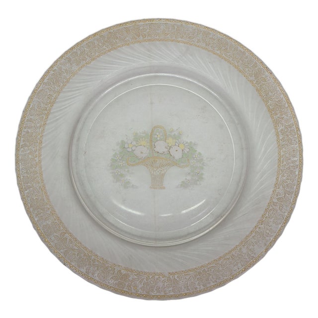 Mid 20th Century Clear Glass Gold Painted Basket of Flowers Dessert Plate 11" For Sale