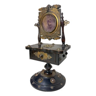 Antique 1800s English Handmade Wood Gilt Bronze Pocket Watch Holder Stand Vanity For Sale