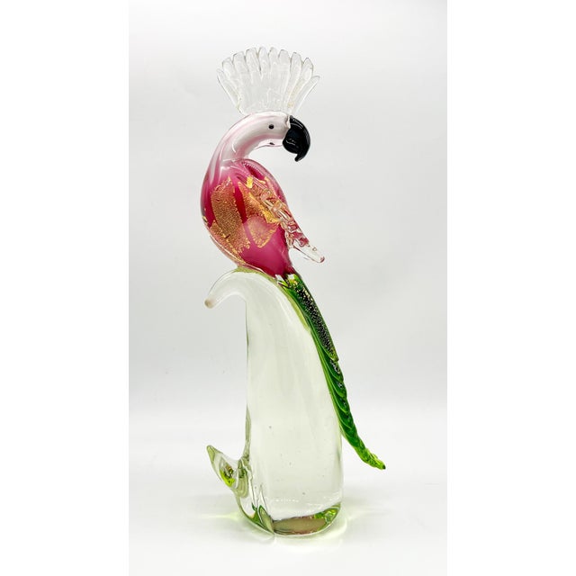 Vintage Alfredo Barbini Style Pink, Green, and Gold Aventurine Cockatoo Bird Figurine For Sale - Image 9 of 11