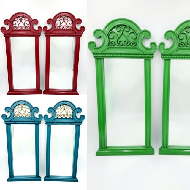 1970s Vintage Faux Wood Pagoda Style Regency Extra Tall Curvy Wall Mirrors- A Pair For Sale - Image 5 of 9