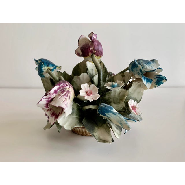 Traditional Italian Porcelain Basket Bouquet of Flowers For Sale - Image 3 of 12