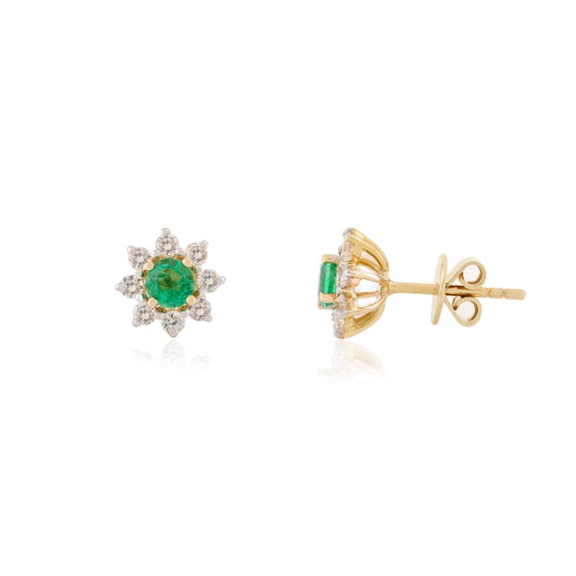 Art Deco 18k Gold Certified Green Emerald Solitaire Diamond Studs for Her- 2 Pieces For Sale - Image 3 of 9