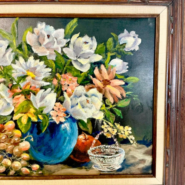 1960s Original Oil Painting Impressionist Blue Vase Still Life by Edith Weir. For Sale - Image 10 of 11
