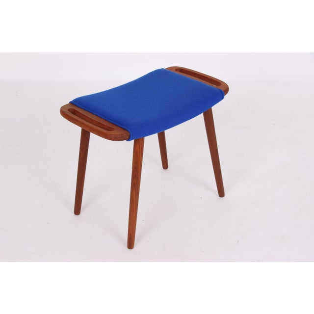 Teak Stool with Blue Wool Cover, 1950s For Sale - Image 3 of 10
