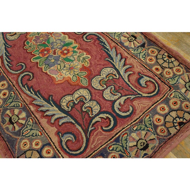 Textile 1890s Pink Medallion Folk Art Antique American Hooked Rug 3'10" X 6'0" Handknotted Wool Carpet For Sale - Image 7 of 9