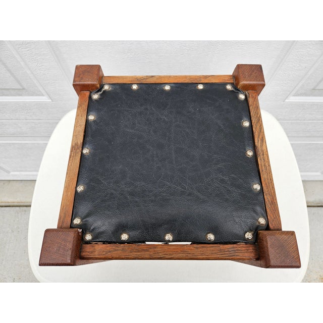 Wood Square Mission Arts and Crafts Black Leather and Oak Footstool For Sale - Image 7 of 17