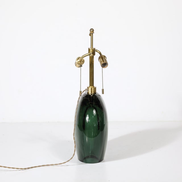 Modernist Handblown Smoked Viridian Green Murano Glass & Brass Table Lamps For Sale - Image 9 of 12
