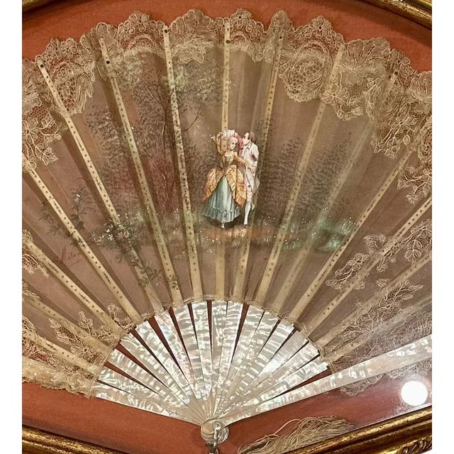 19th century French fan in an Italian Florentine fan case and the back is lined in velvet. The fan is hand painted, lace...