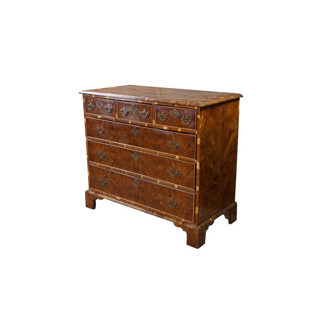 This George II style English yew wood chest centers on a spectacular top surface of book-matched oyster burl yew,...