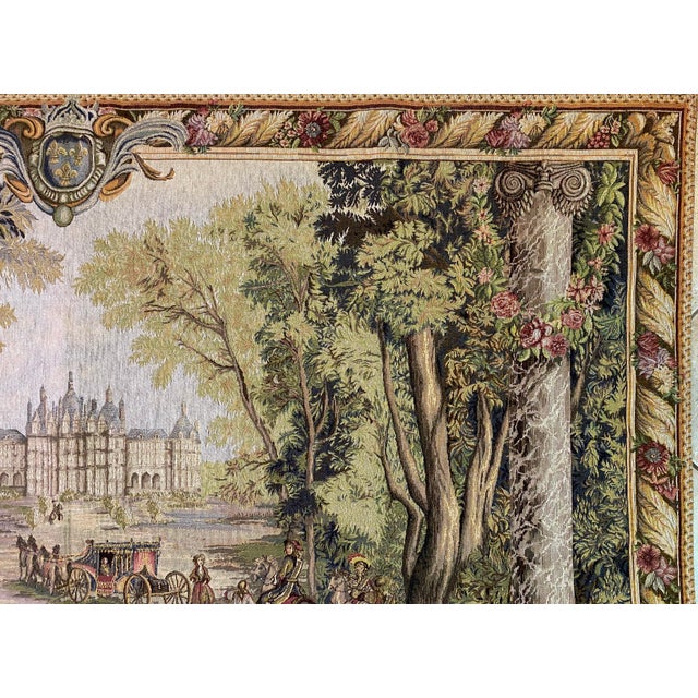 French Château Scenic Jacquard Woven Tapestry – Courtly Landscape with Carriage & Musicians A beautifully detailed French...