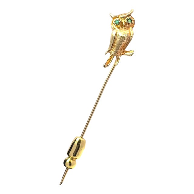 Mid 20th Century 14k Gold Owl Stickpin With Green Gemstone Eyes For Sale