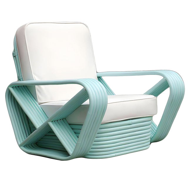 1950s Restored Teal 6-Strand Square Pretzel Rattan Sofa & Lounge Chair Livingroom Set For Sale - Image 4 of 7