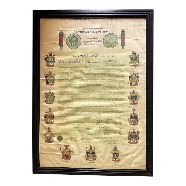 Rare Illuminated Facsimile of the Declaration of Independence, Certified & Framed With Heraldic Coats of Arms, 35” X 25¼” For Sale