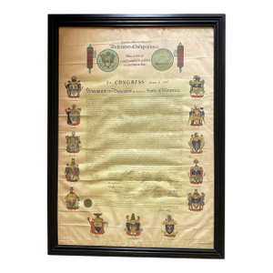 Rare Illuminated Facsimile of the Declaration of Independence, Certified & Framed With Heraldic Coats of Arms, 35” X 25¼”