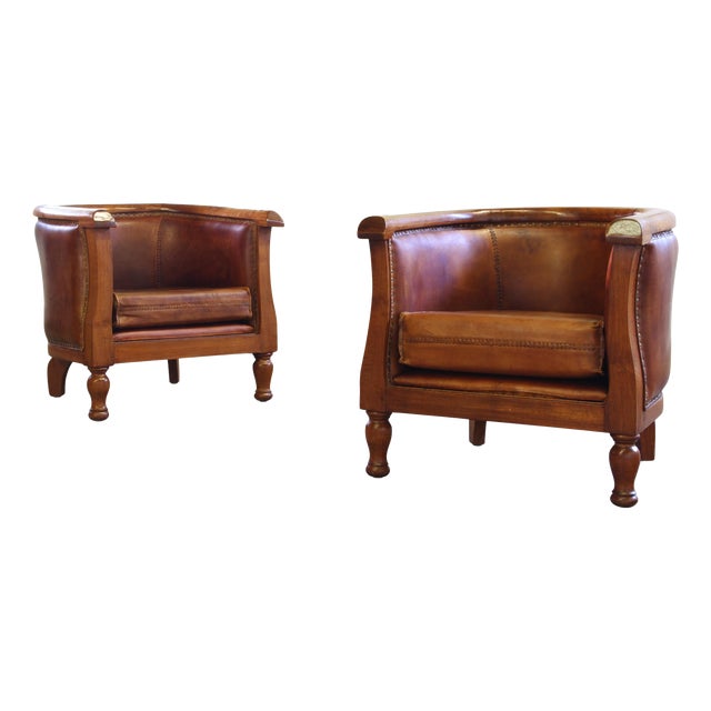 Vintage Leather Club Chairs, 1920s, Set of 2 For Sale