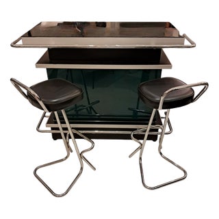 Chrome Bar Counter with Black and Green Glass, 1980s, Set of 3 For Sale