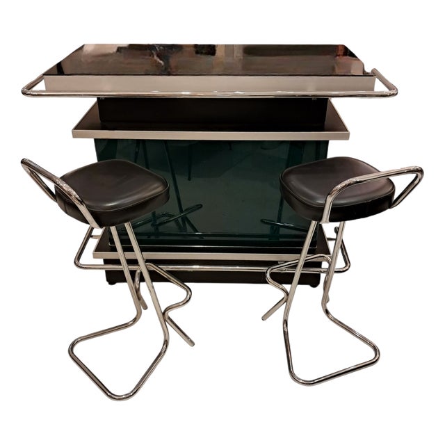 Chrome Bar Counter with Black and Green Glass, 1980s, Set of 3 For Sale