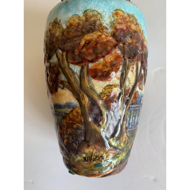 1900 - 1909 Antique Late 19th Century French Countryside Chateau Painted Enamel on Copper Scenic Vase Signed and Marked France Circa 1900 For Sale - Image 5 of 13