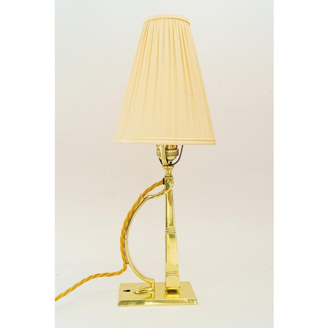 Dimensions as a wall lamp : H: 44cm W: 16cm D: 28cm Brass polished and stove enameled The fabric shade is replaced ( new )...