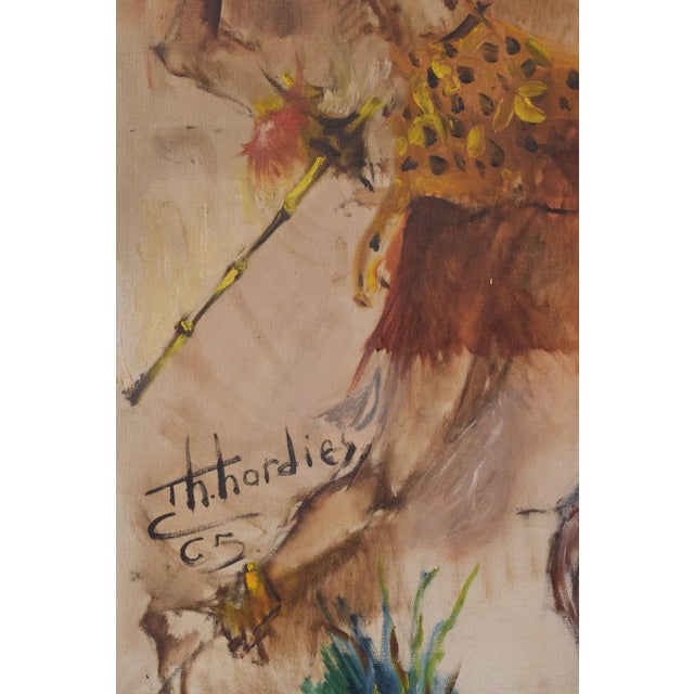 African Dancing Warrior with Cockerel, Mid-20th Century, Oil on Canvas For Sale - Image 5 of 12
